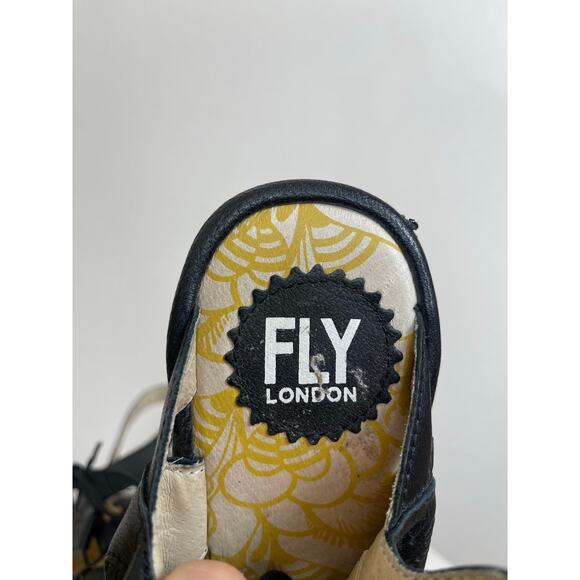 Fly London Black Leather Crisscross Wedge Sandals - Picture 7 of 10